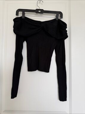 Off-Shoulder Black Ribbed Long-Sleeve Top